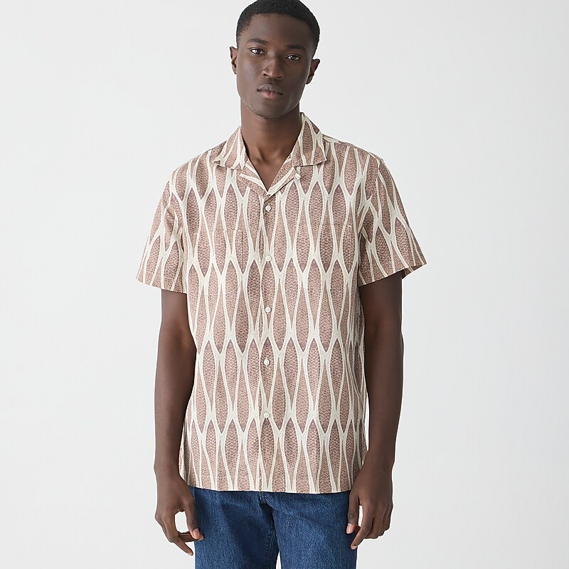 Fish Dark Taupe J.Crew Short-sleeve slub cotton-linen blend camp-collar shirt in print | J.Crew Factory | DISZE6093