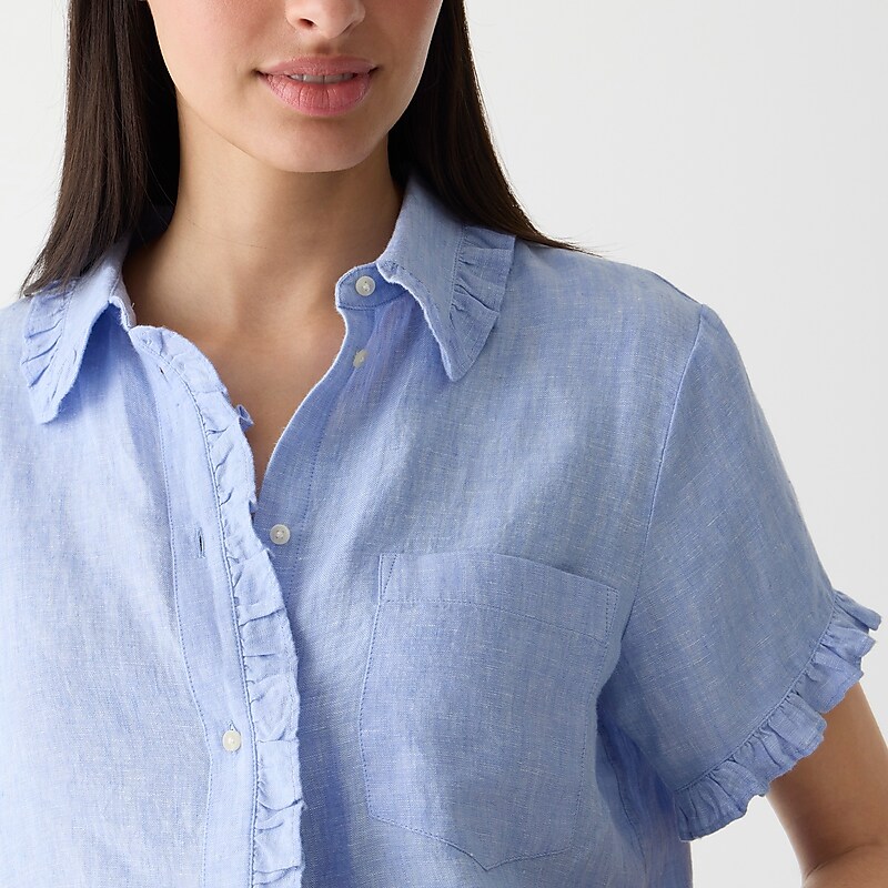 French Blue J.Crew Ruffle-trim button-up shirt in linen | J.Crew Factory | KWENP1798