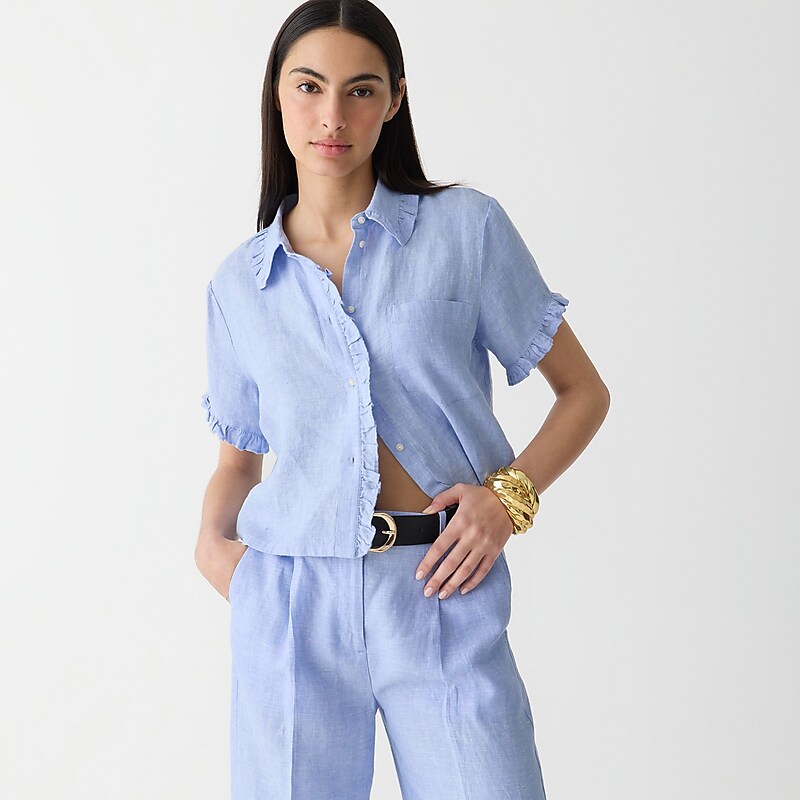 French Blue J.Crew Ruffle-trim button-up shirt in linen | J.Crew Factory | KWENP1798