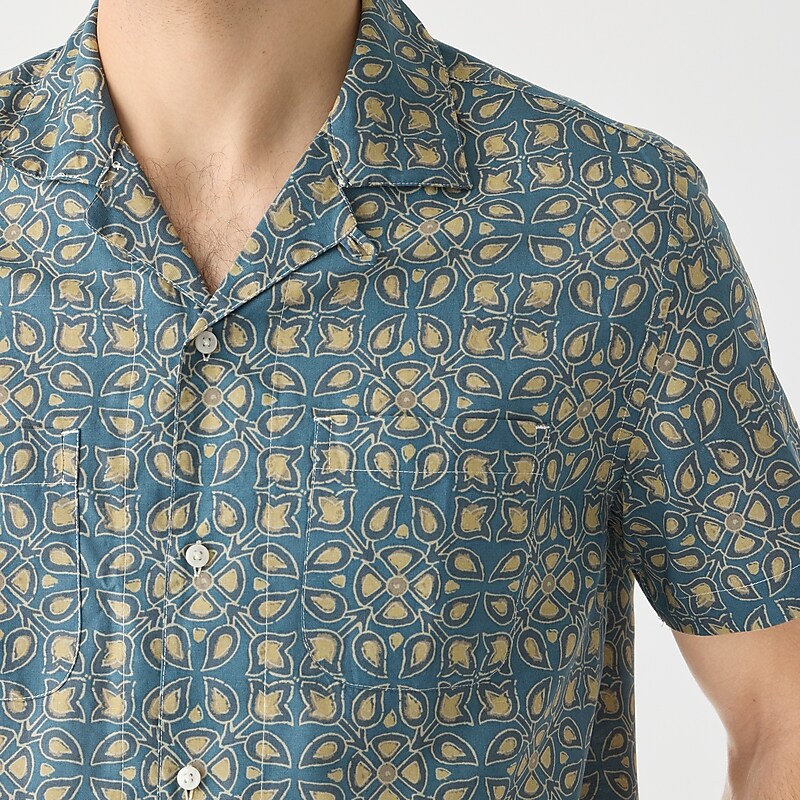 Garden Jewels Teal J.Crew Short-sleeve slub cotton-linen blend camp-collar shirt in print | J.Crew Factory | IFECP1293