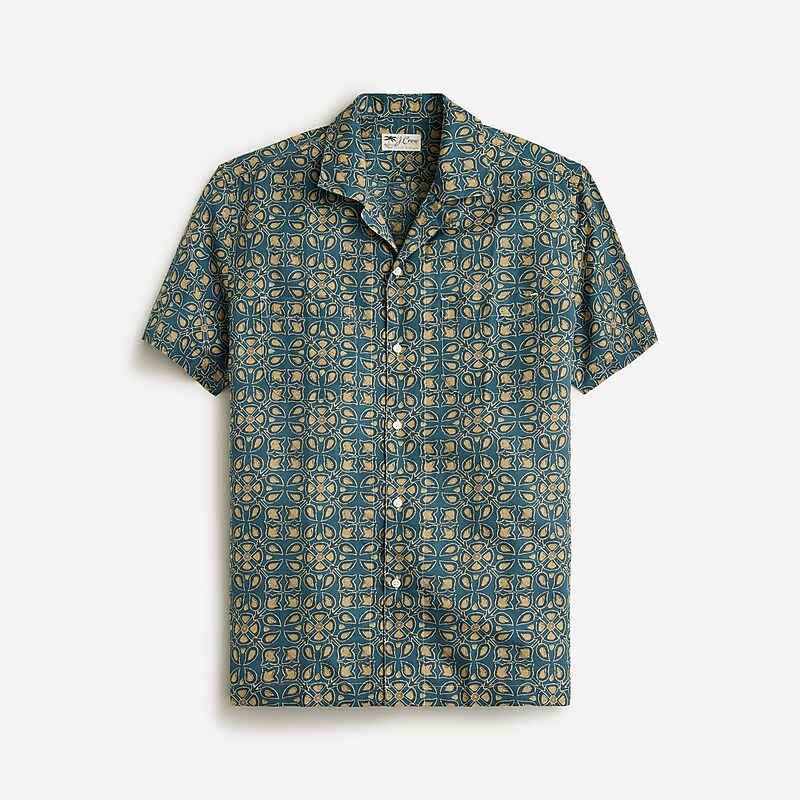 Garden Jewels Teal J.Crew Short-sleeve slub cotton-linen blend camp-collar shirt in print | J.Crew Factory | IFECP1293