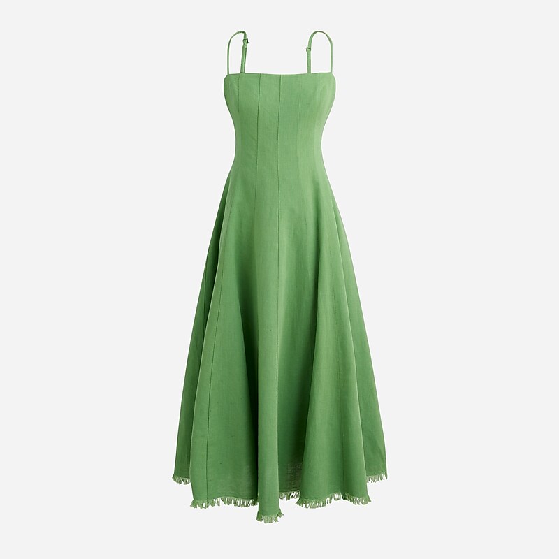 Green J.Crew Seamed flare midi dress in linen blend | J.Crew Factory | HJNBZ7302