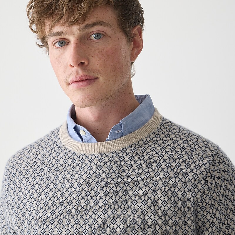 Hthr Birch Navy Deco J J.Crew Cashmere jacquard crewneck sweater | J.Crew Factory | EXRFJ3860