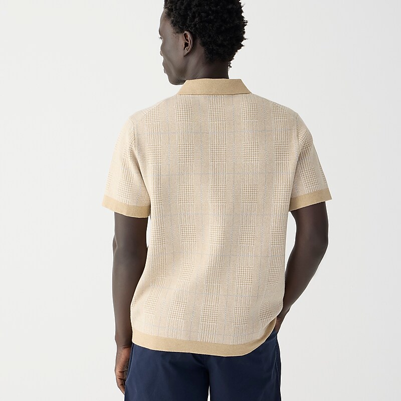 Hthr Camel Glen Plaid J.Crew Short-sleeve heritage cotton sweater-polo in windowpane jacquard | J.Crew Factory | GYOQA0861