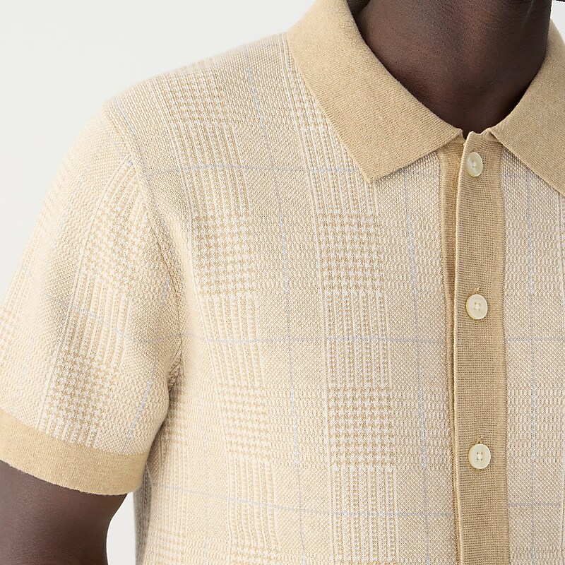 Hthr Camel Glen Plaid J.Crew Short-sleeve heritage cotton sweater-polo in windowpane jacquard | J.Crew Factory | GYOQA0861