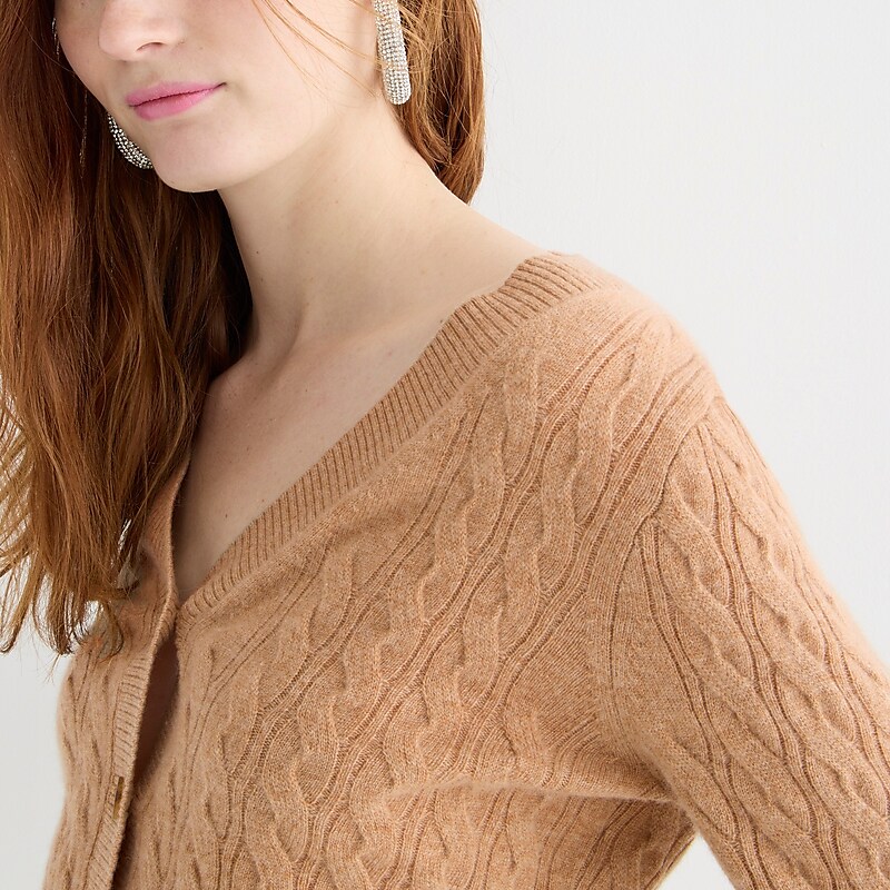 Hthr Camel J.Crew Cashmere shrunken cable-knit V-neck cardigan sweater | J.Crew Factory | WFDYH2653