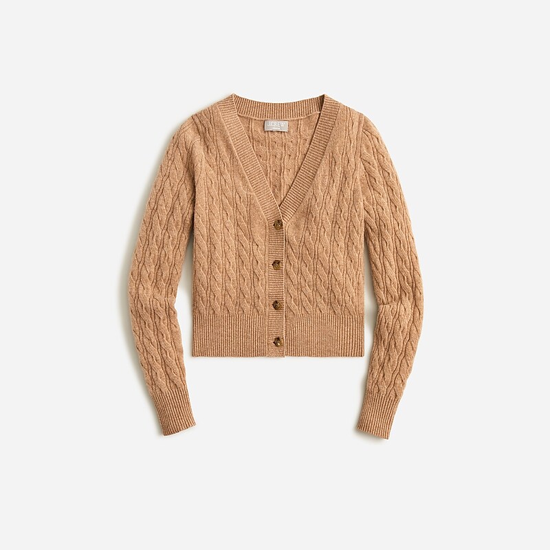 Hthr Camel J.Crew Cashmere shrunken cable-knit V-neck cardigan sweater | J.Crew Factory | WFDYH2653