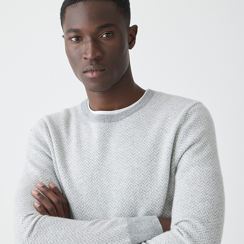 Hthr Grey Ivory Herring J.Crew Cashmere jacquard crewneck sweater | J.Crew Factory | FGDWJ3697