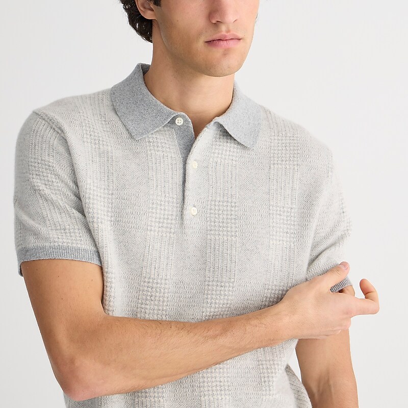 Hthr Grey Vanilla Glen J.Crew Short-sleeve cashmere sweater-polo | J.Crew Factory | LWUHO4671