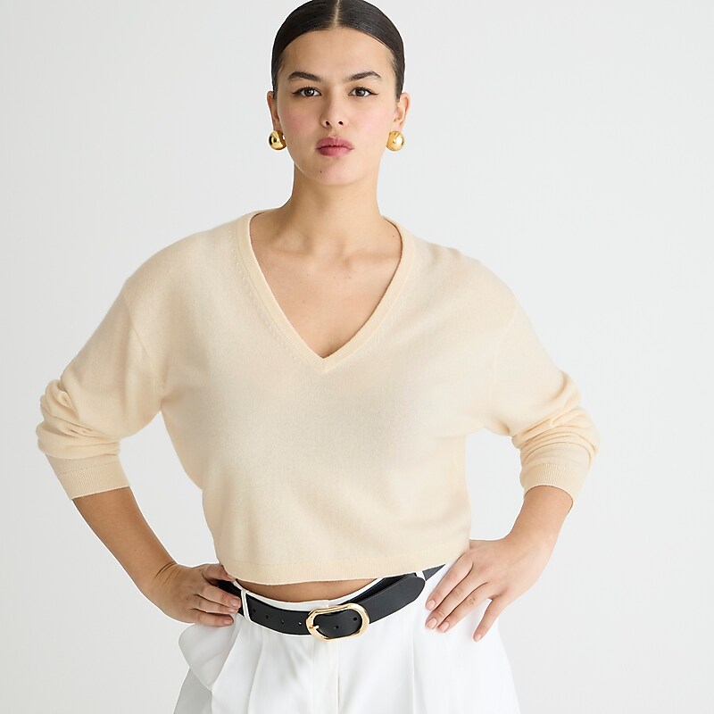 Hthr Muslin J.Crew Cashmere relaxed cropped V-neck sweater | J.Crew Factory | QXMBA0287