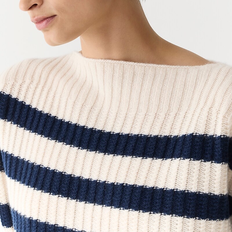 Hthr Muslin Navy J.Crew Cashmere cropped boatneck sweater in stripe | J.Crew Factory | DTXRC3108