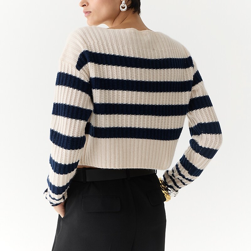 Hthr Muslin Navy J.Crew Cashmere cropped boatneck sweater in stripe | J.Crew Factory | DTXRC3108