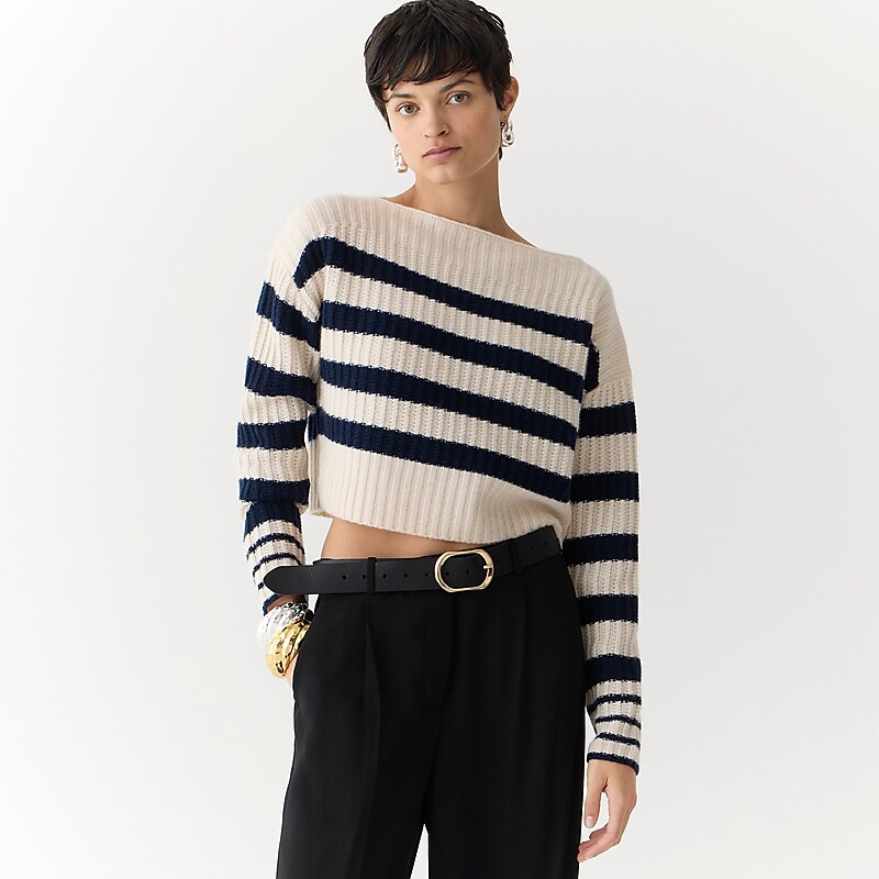 Hthr Muslin Navy J.Crew Cashmere cropped boatneck sweater in stripe | J.Crew Factory | DTXRC3108