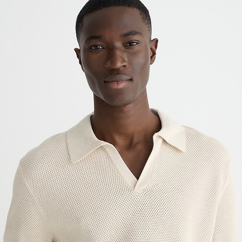 Hthr Natural J.Crew Short-sleeve cotton mesh-stitch johnny-collar sweater-polo | J.Crew Factory | VUMIA0983