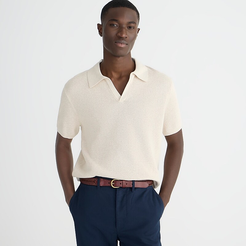 Hthr Natural J.Crew Short-sleeve cotton mesh-stitch johnny-collar sweater-polo | J.Crew Factory | VUMIA0983