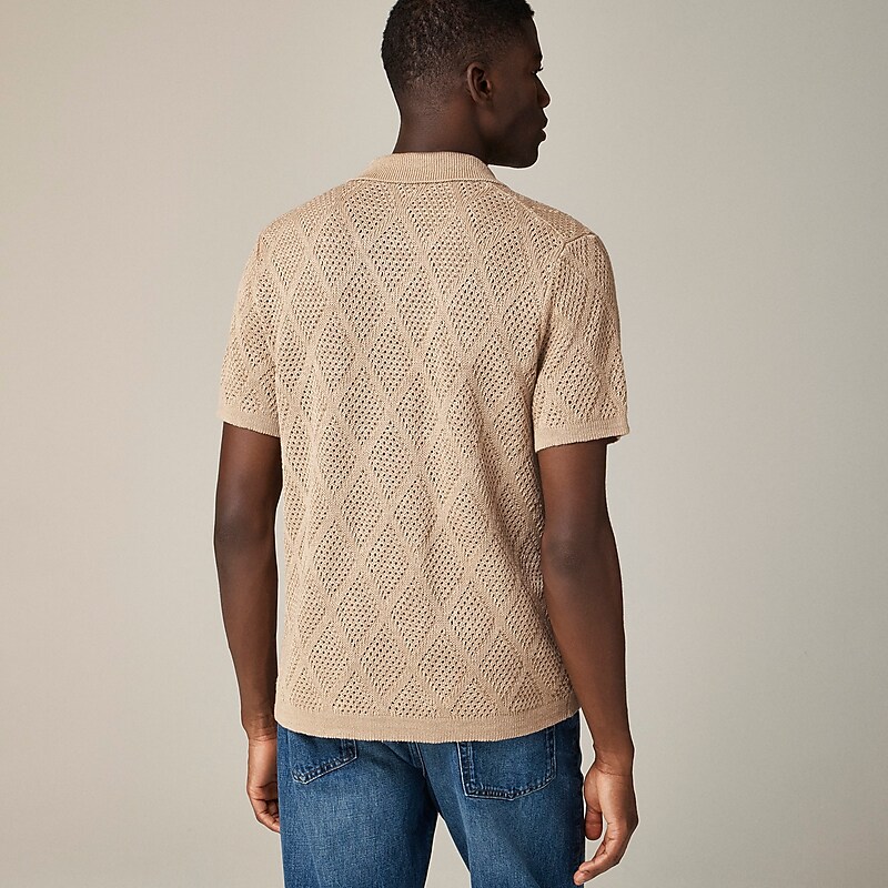 Hthr Wheat J.Crew Short-sleeve linen diamond-stitch sweater-polo | J.Crew Factory | BDOTP5967