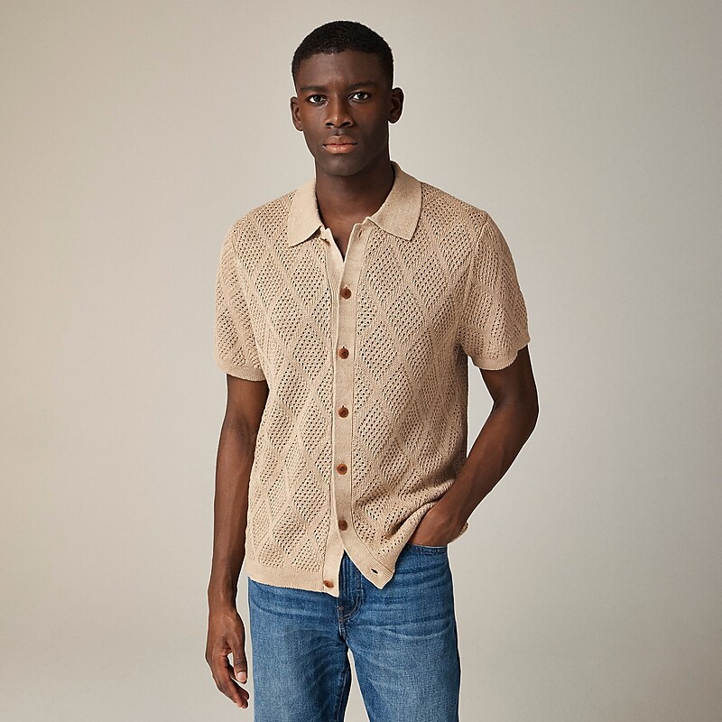 Hthr Wheat J.Crew Short-sleeve linen diamond-stitch sweater-polo | J.Crew Factory | BDOTP5967