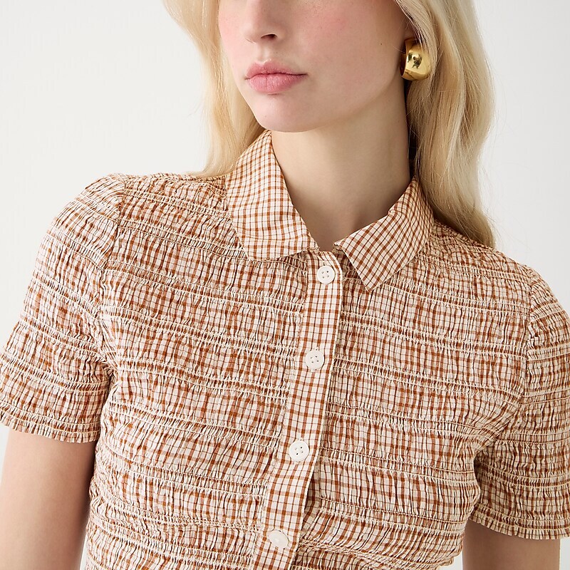 Ivory Brown J.Crew Smocked button-up shirt in Liberty® Eliza's Red fabric | J.Crew Factory | TMLOK3596