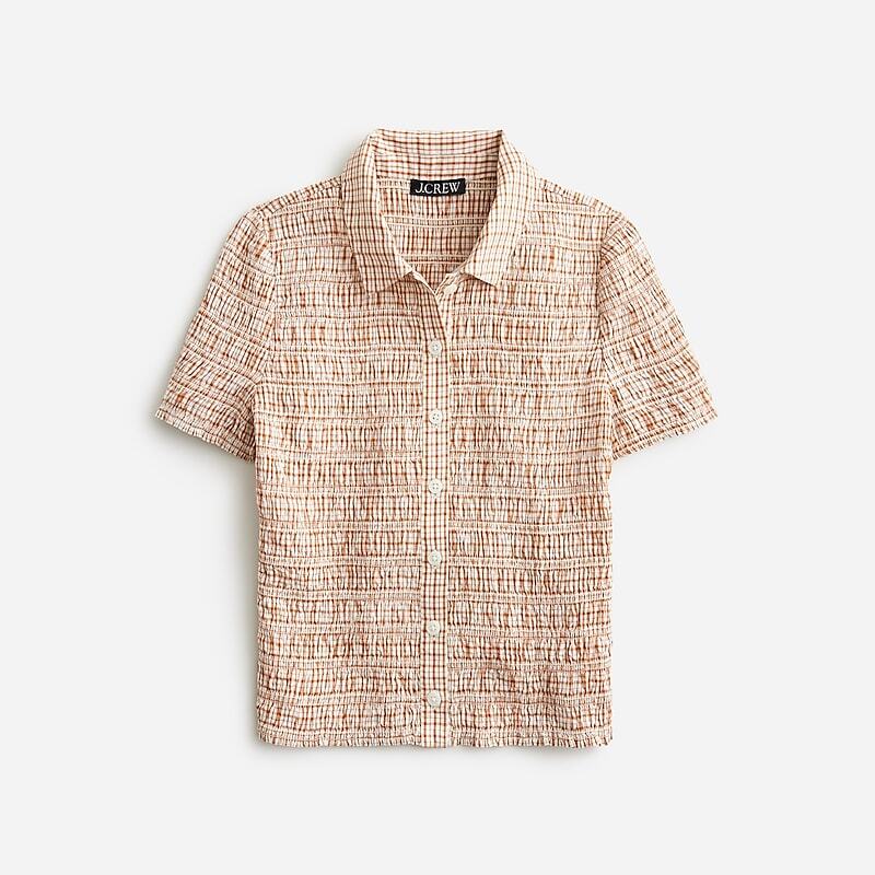 Ivory Brown J.Crew Smocked button-up shirt in Liberty® Eliza\'s Red fabric | J.Crew Factory | TMLOK3596