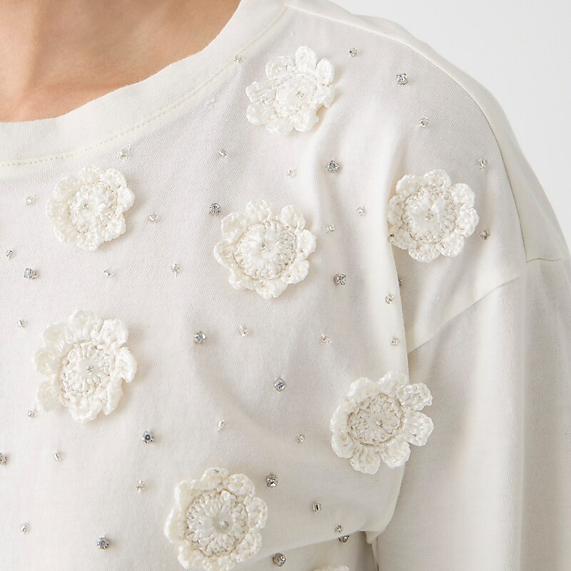 Ivory J.Crew Cropped T-shirt with crochet floral appliqués | J.Crew Factory | GRZXQ6893