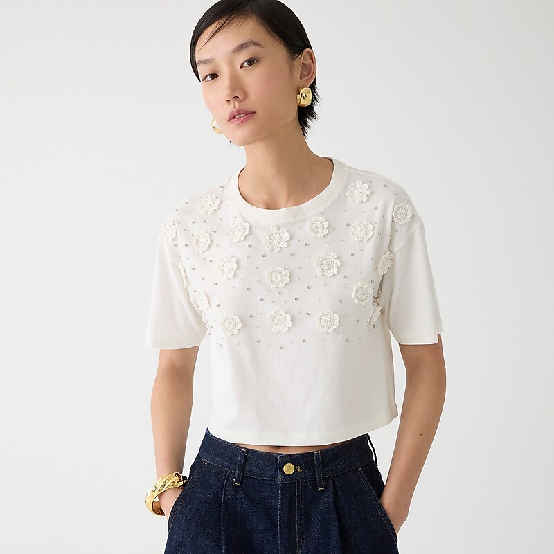 Ivory J.Crew Cropped T-shirt with crochet floral appliqués | J.Crew Factory | GRZXQ6893