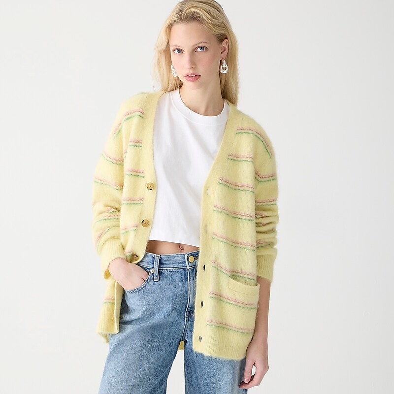 Lemon Sorbet Stripe J.Crew Alpaca-blend V-neck cardigan sweater in stripe | J.Crew Factory | HSYJR0619