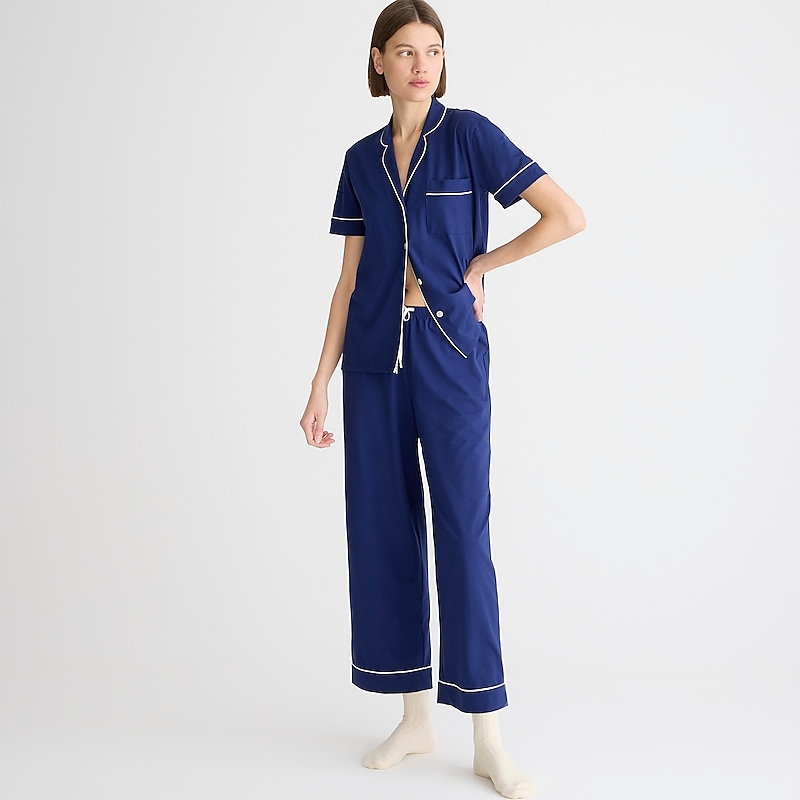 Navy J.Crew Short-sleeve pajama pant set dreamy cotton blend | J.Crew Factory | FAPWH0576