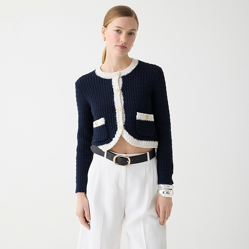 Navy White J.Crew Cropped sweater lady jacket with contrast trim | J.Crew Factory | YVKSP2519