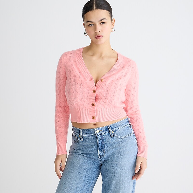 Neon Hthr Peony J.Crew Cashmere shrunken cable-knit V-neck cardigan sweater | J.Crew Factory | SVYJB4839