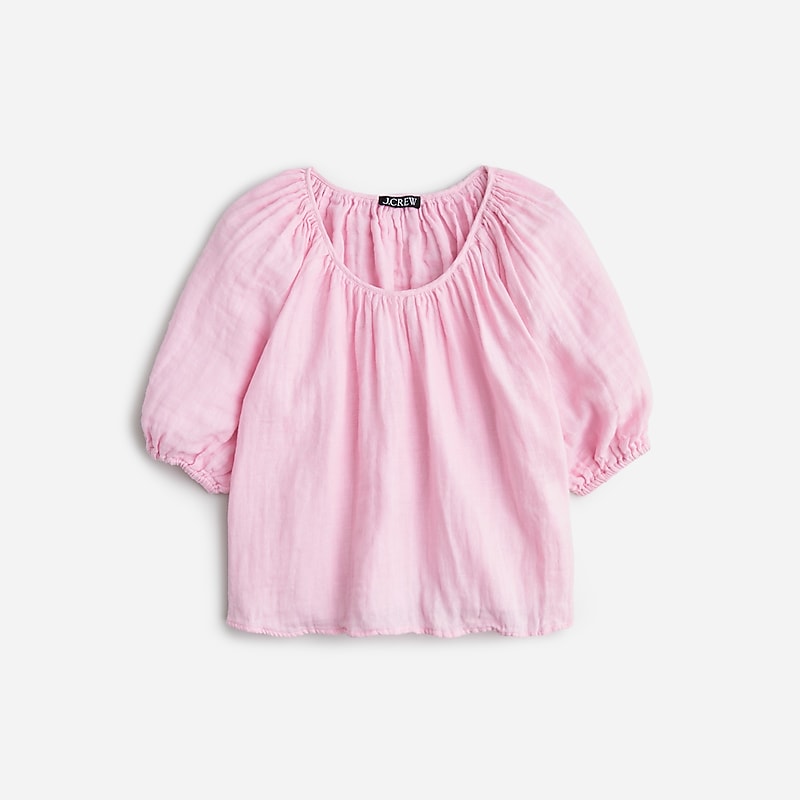 Pink J.Crew Swingy puff-sleeve top in cotton-linen blend gauze | J.Crew Factory | TZHDW9210