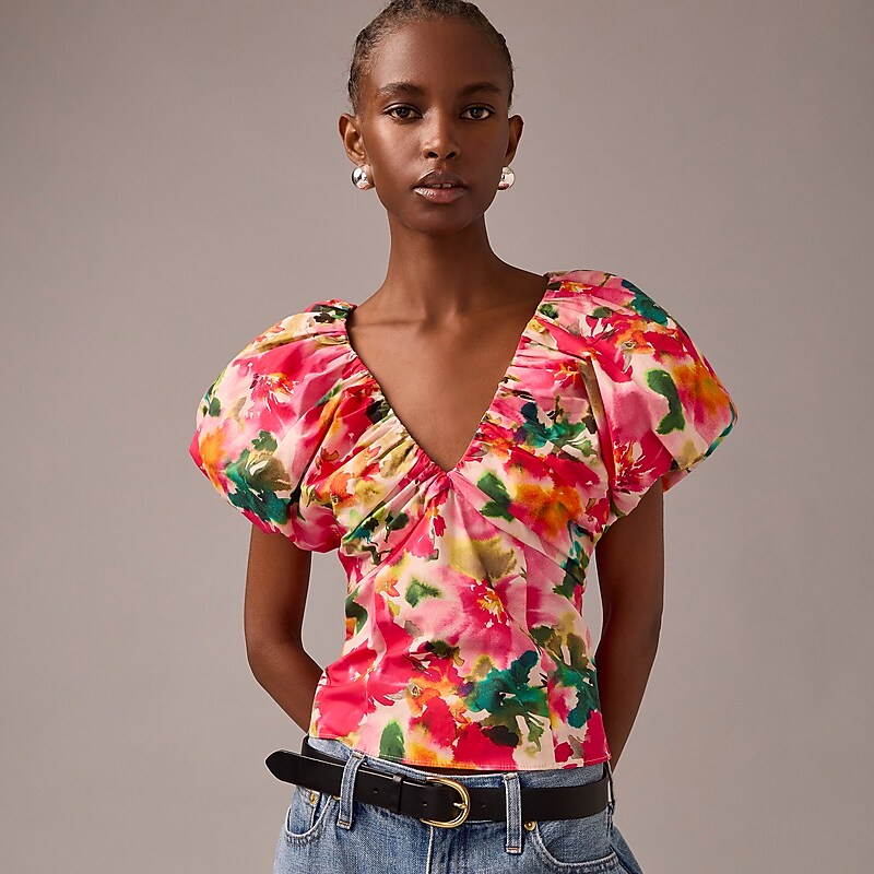 Pink Multi Floral J.Crew Cecily top in floral stretch cotton poplin blend | J.Crew Factory | FZEWC6307