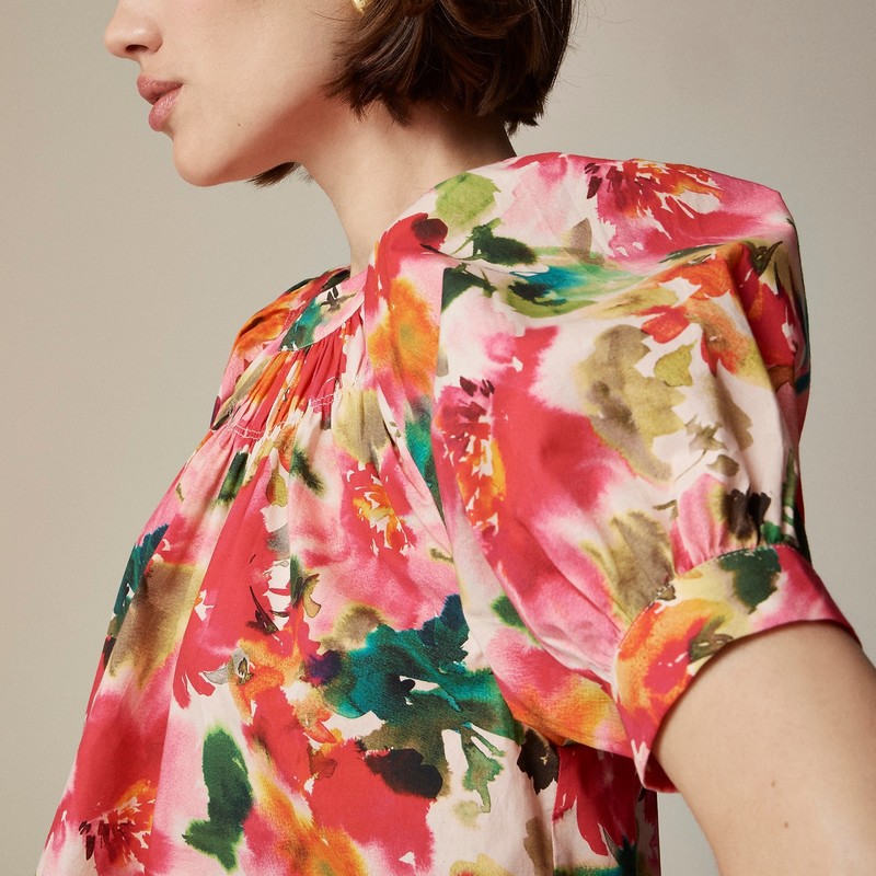 Pink Multi Floral J.Crew Smock-neck puff-sleeve top in floral cotton poplin | J.Crew Factory | QRUBL4852