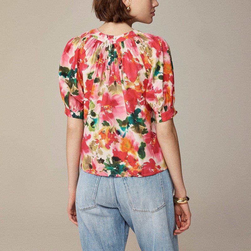 Pink Multi Floral J.Crew Smock-neck puff-sleeve top in floral cotton poplin | J.Crew Factory | QRUBL4852