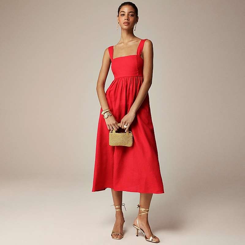 Red J.Crew Squareneck midi dress in linen | J.Crew Factory | RIDGZ5378