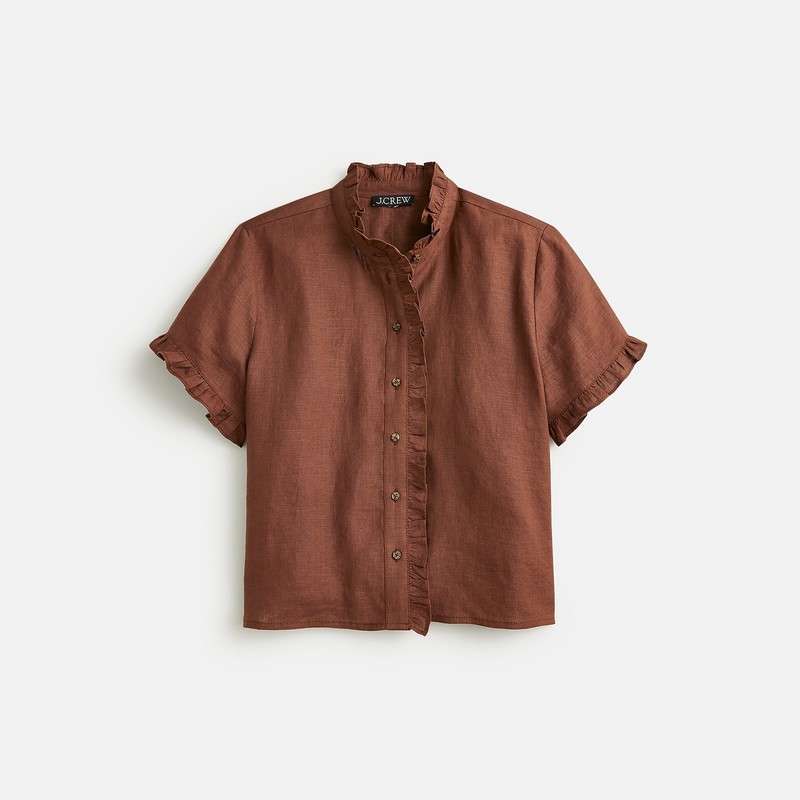 Roasted Cocoa J.Crew Ruffle-trim button-up shirt in linen | J.Crew Factory | OKYEN9416