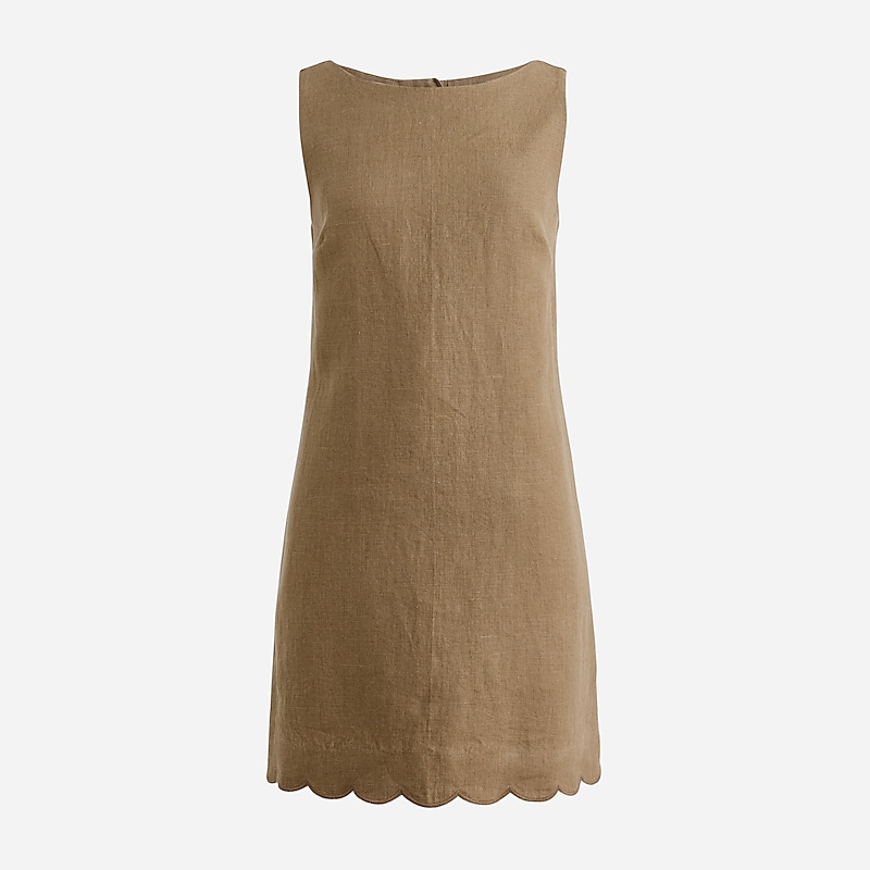 Umber Olive J.Crew Scalloped-trim shift dress in linen | J.Crew Factory | IDKET4379