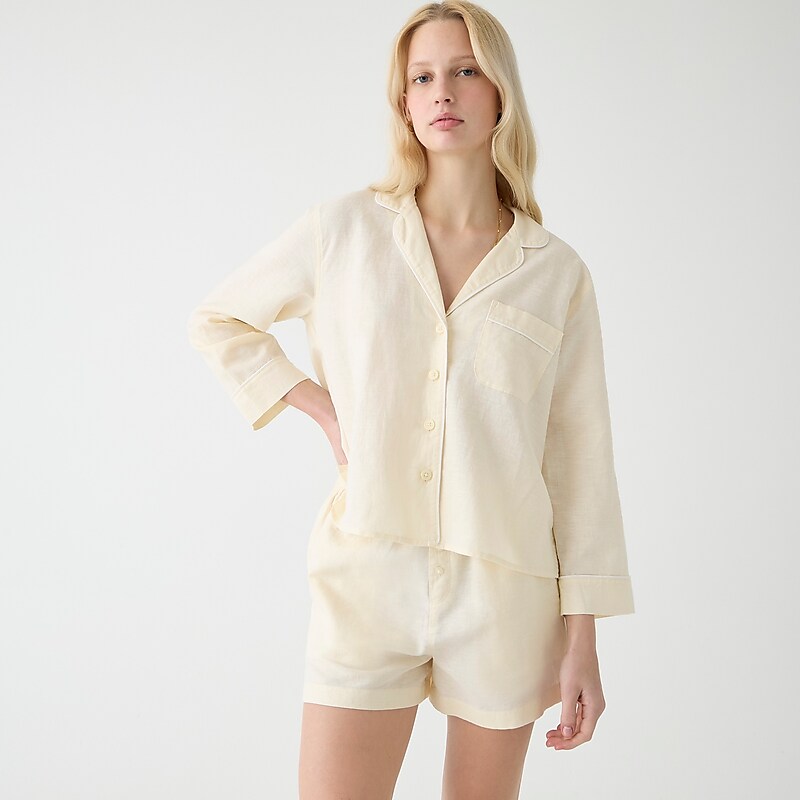 Warm Sesame J.Crew Long-sleeve pajama short set in striped linen-cotton blend | J.Crew Factory | PZGRJ8120