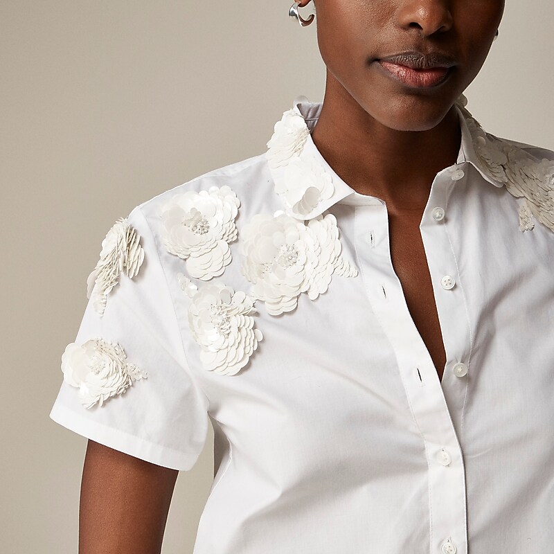 White J.Crew Collection cropped button-up shirt with floral appliqués | J.Crew Factory | WJEQM6538