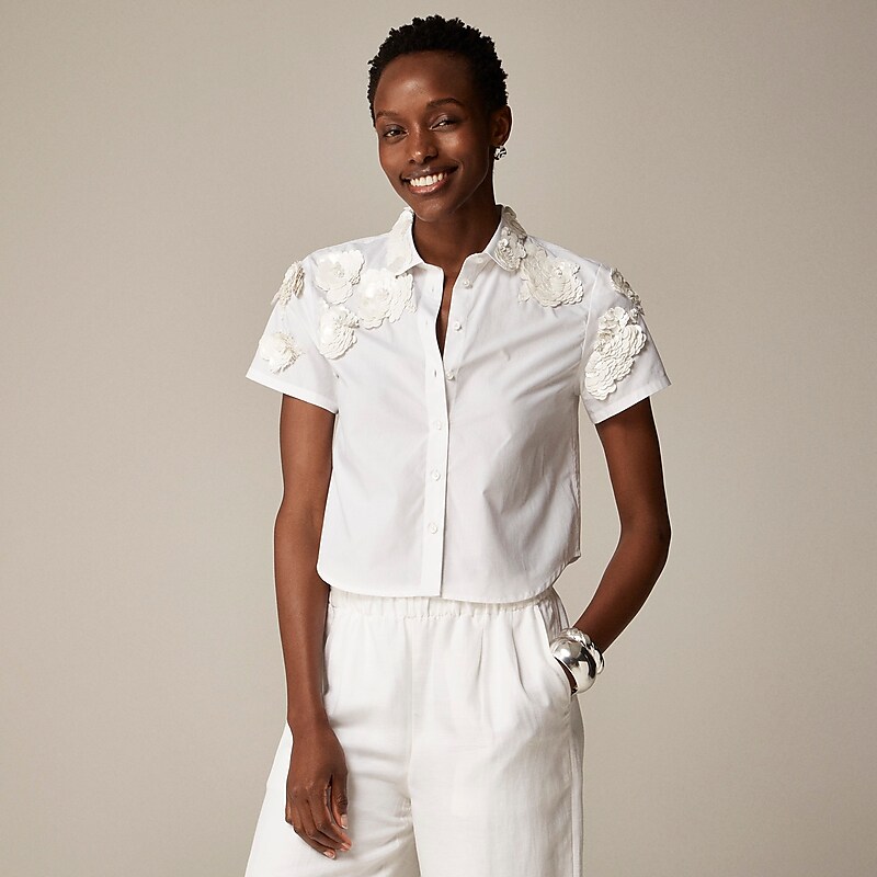 White J.Crew Collection cropped button-up shirt with floral appliqués | J.Crew Factory | WJEQM6538