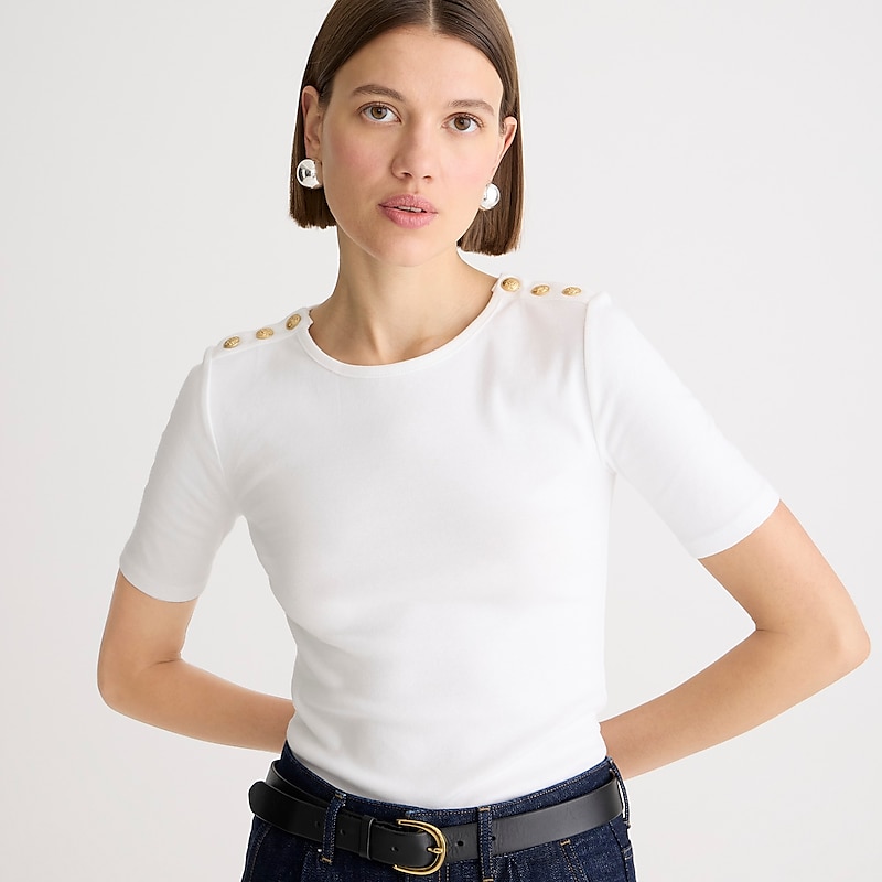 White J.Crew Perfect-fit elbow-sleeve T-shirt with gold buttons | J.Crew Factory | AKFYS5769