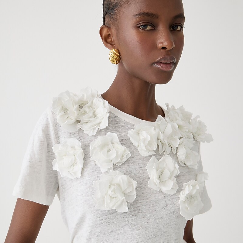 White J.Crew Relaxed linen tee with floral appliqués | J.Crew Factory | LCMNQ8047