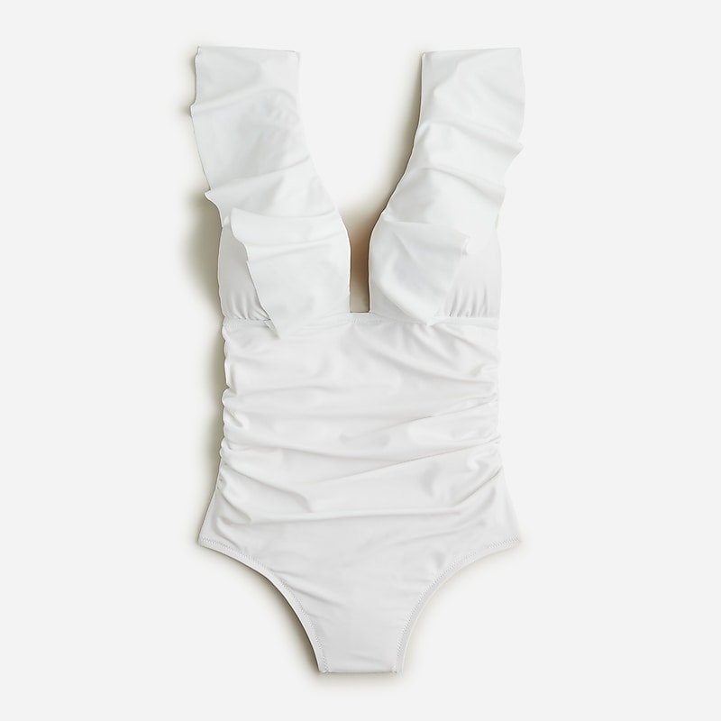 White J.Crew Ruched ruffle one-piece swimsuit | J.Crew Factory | KXWYI7602