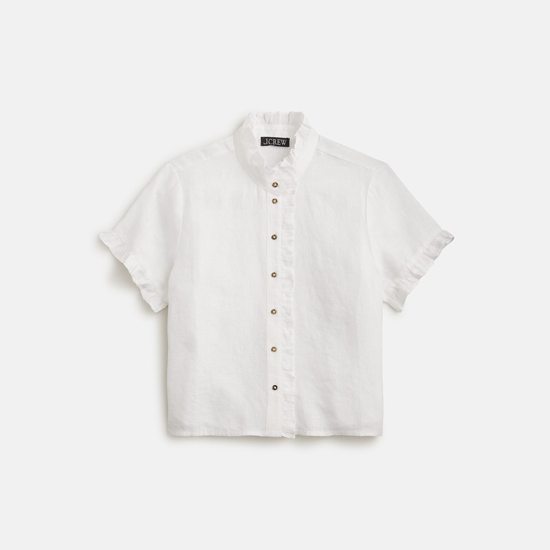 White J.Crew Ruffle-trim button-up shirt in linen | J.Crew Factory | XKGYP0967