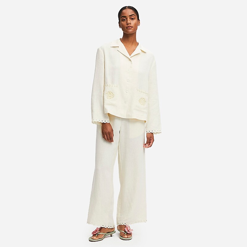 White J.Crew SLEEPER Sofia linen embroidered pant | J.Crew Factory | UKFXO2971