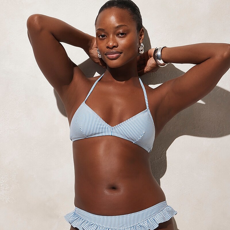 White Retro Blue J.Crew French halter-neck bikini top in seersucker | J.Crew Factory | GMCTO0289